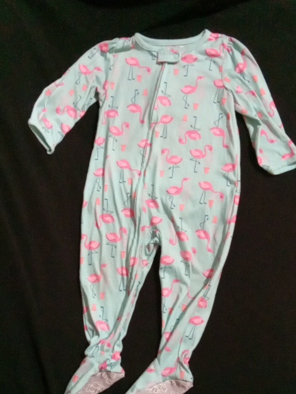 Baby One-Piece Footed Pajamas in Light Blue with Pink Flamingos